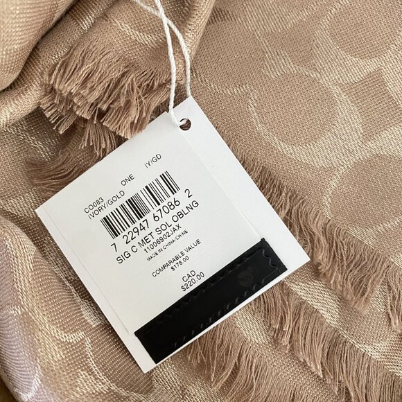 Coach Signature Metallic Oblong Scarf CO083 Ivory/Gold - Picture 6 of 13
